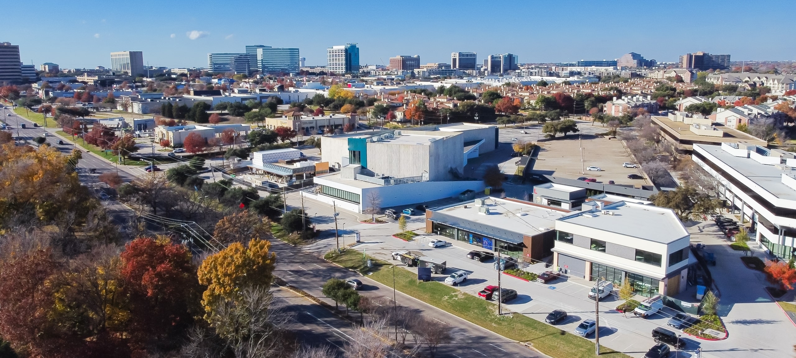 Aerial view of commercial area along Belt Line Road, Addison, TX