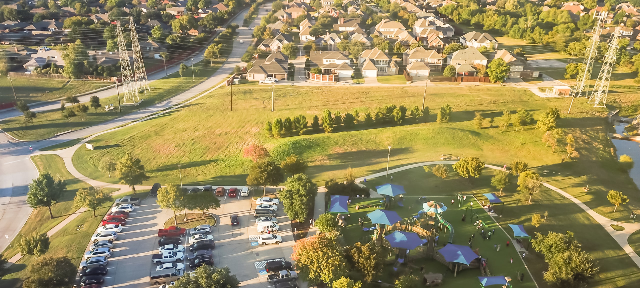 Aerial view of park in Carrollton, Texas and residential area
