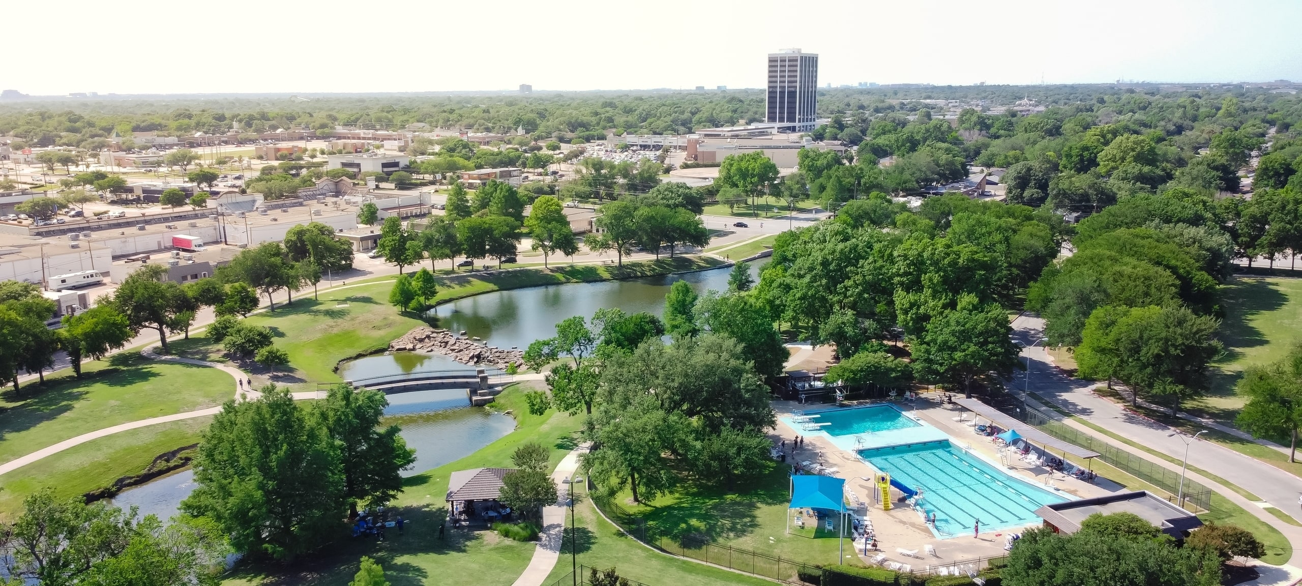 Aerial view of park and sports complex near downtown Richardson, TX