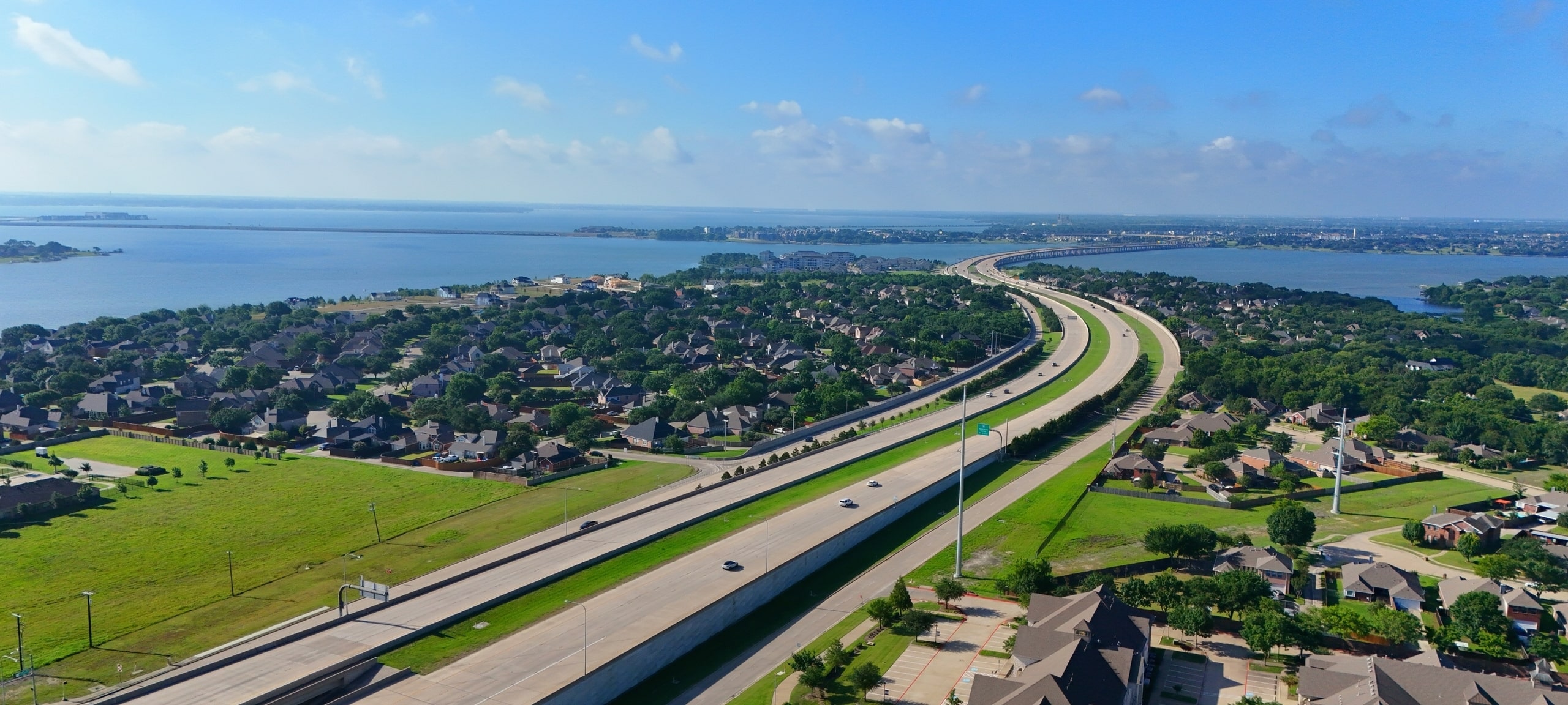 Aerial view of highway and lake from Rowlett, Texas